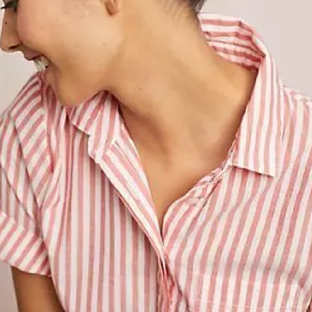 Anthropologie Striped Blouse Womens Large Red White Short Sleeve Cotton Belted - Picture 6 of 8